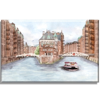Leinwand 40 x 30 cm Keilrahmen Canvas-Leinen Aquarell Maritim Kunst Druck Kunstdruck Hamburg-Speicherstadt - HH9